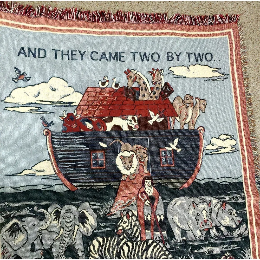 Vintage Noahs Ark Tapestry Woven Throw Blanket-Wall Hanging-70x48-1994 Animals